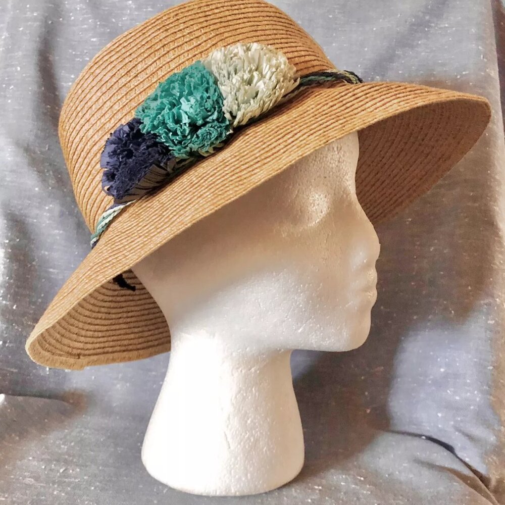 August Hat Co. Wide Brim Straw Hat ~Flowers Accents~ Paper/Poly ~Adjustable Size